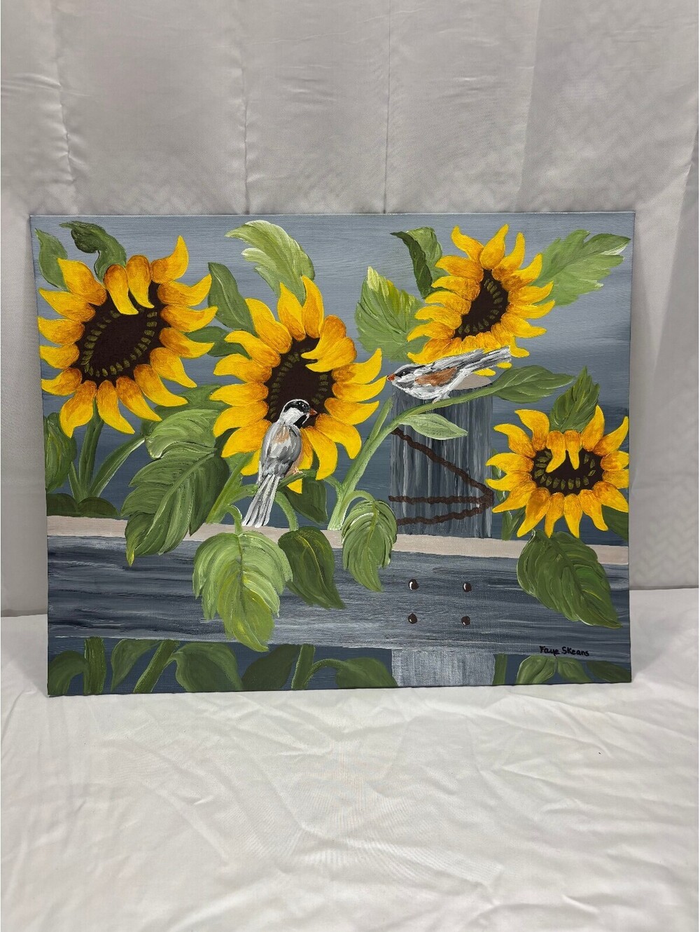 Original Acrylic Painting of Sunflowers with Birds on Canvas